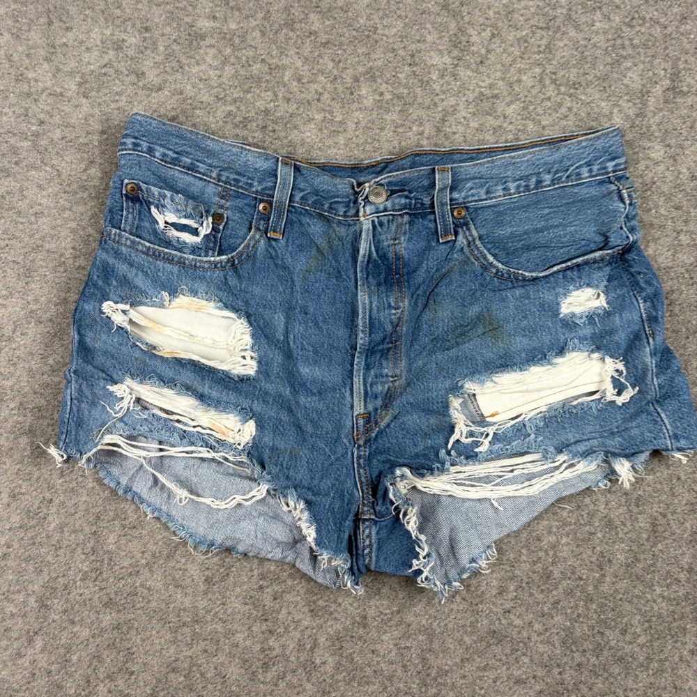 Levis 501 Shorts Women 32 Blue Distressed Cut Off Denim Button Fly - Picture 2 of 16